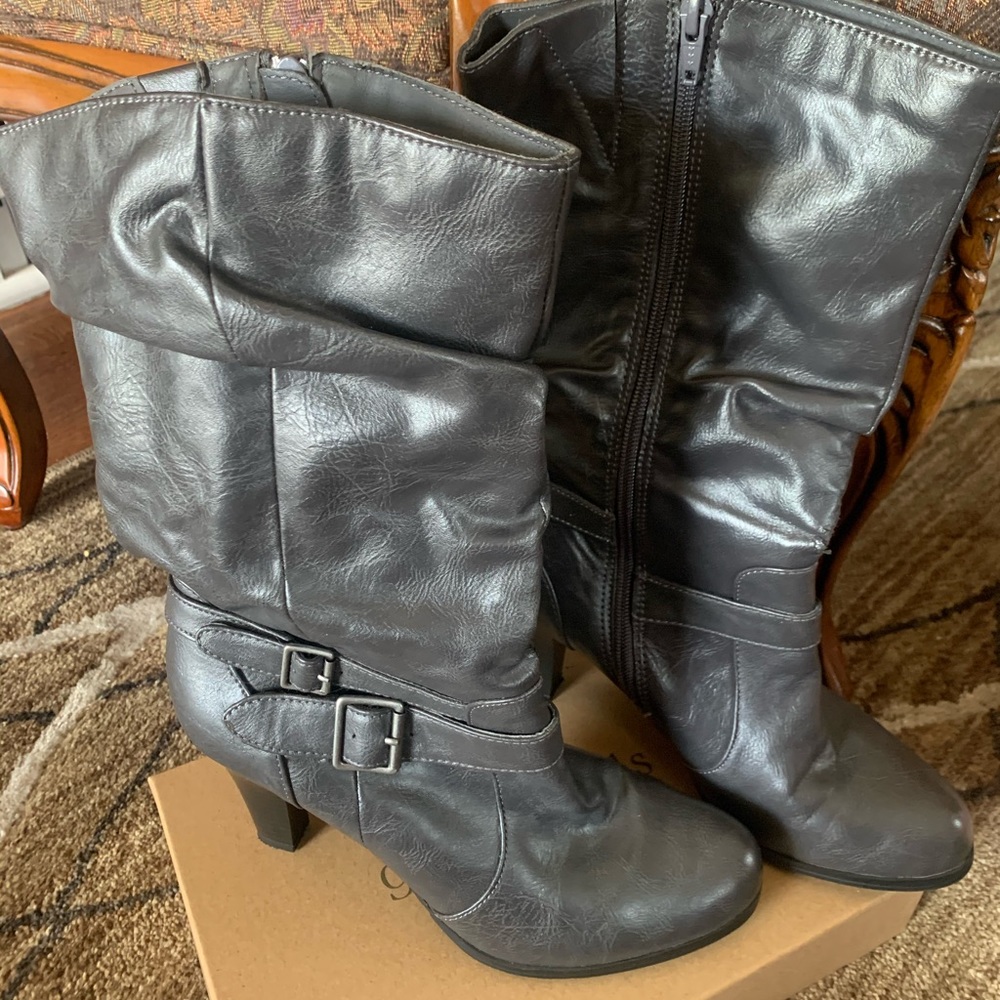grey buckle heel boots
